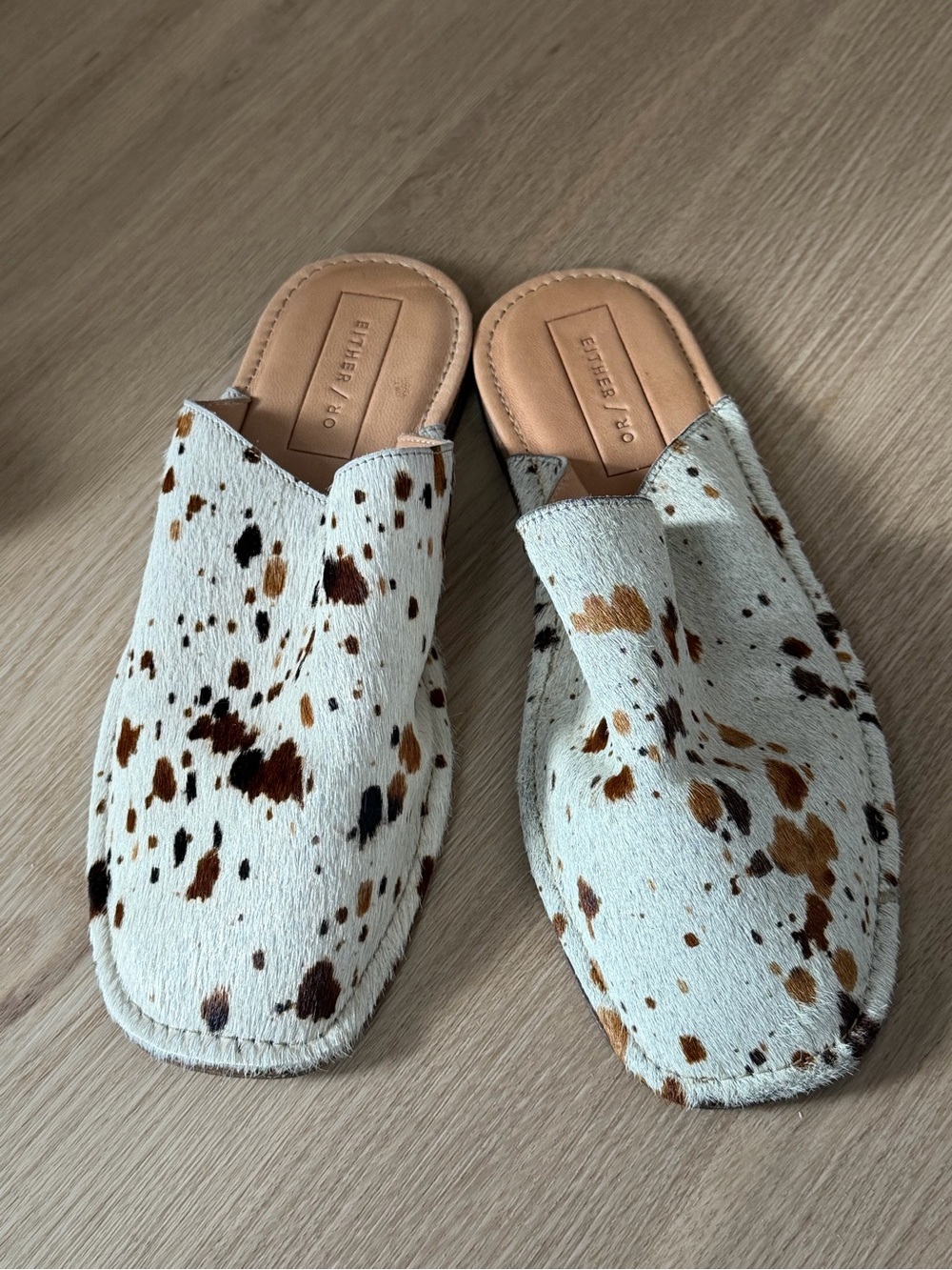 EITHER/OR Spotted Calf Hair Mules - White & Brown